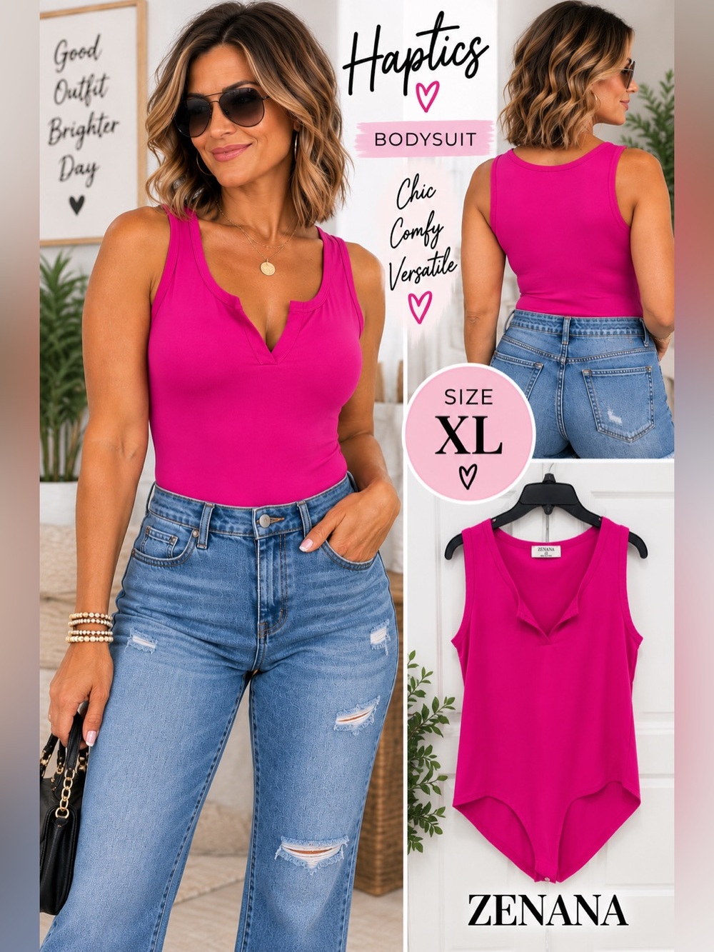 Zenana Outfitters Bright Fuchsia Notch-Neck Sleeveless Bodysuit
